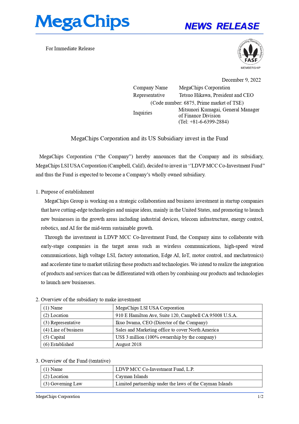 20221209_MegaChips Corporation and its US Subsidiary invest in the Fund_page-0001.jpg