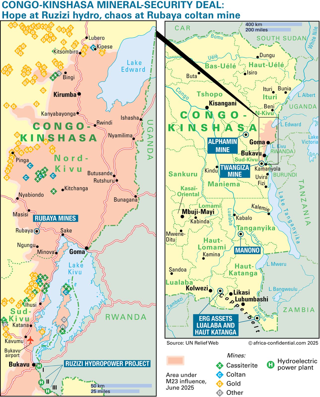 CONGO-KINSHASA MINERAL-SECURITY DEAL: Hope at Ruzizi hydro, chaos at Rubaya coltan mine. Copyright © Africa Confidential 2025